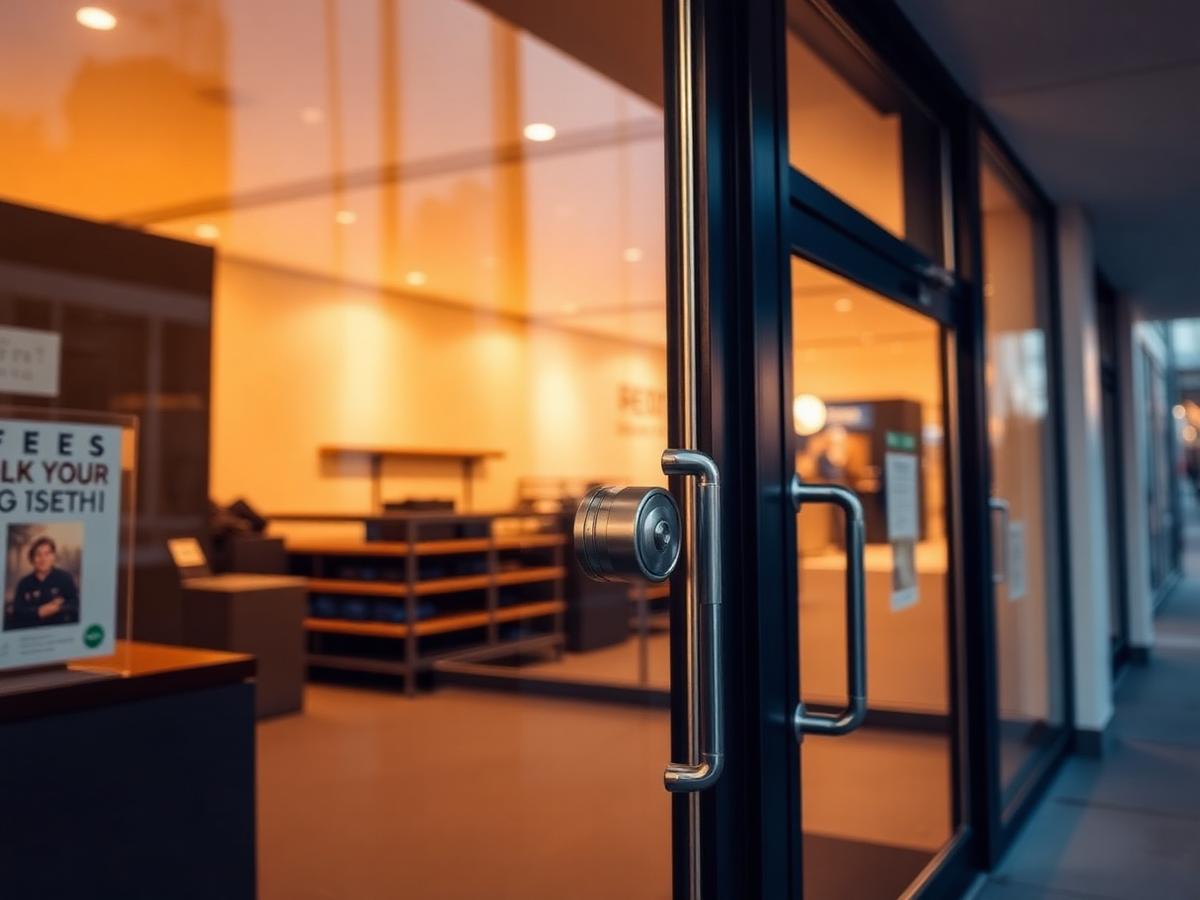 Commercial shopfront glass door with stainless steel lock hardware at dusk